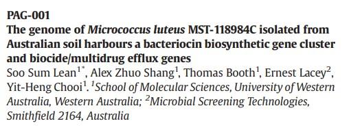 PAG-001 – The genome of Micrococcus luteus MST-118984C isolated from Australian soil harbours a bacteriocin biosynthetic gene cluster and biocide/multidrug efflux genes